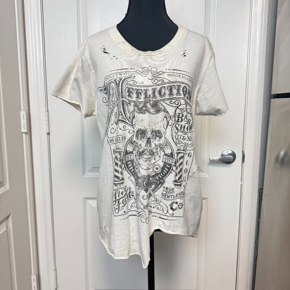 Affliction “The Barber” White Distressed Skull Tee – Size Small